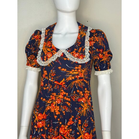 Vintage 1960s/70s Navy Blue and Orange Floral Maxi Dress, Size Small, Lace Trimm - Picture 3 of 5